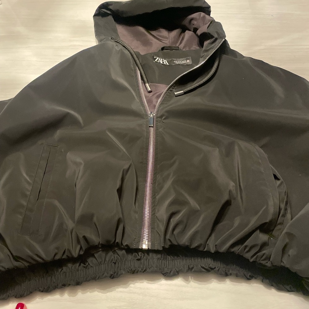 Zara Black Crop Hooded Anorak/Bomber Jacket